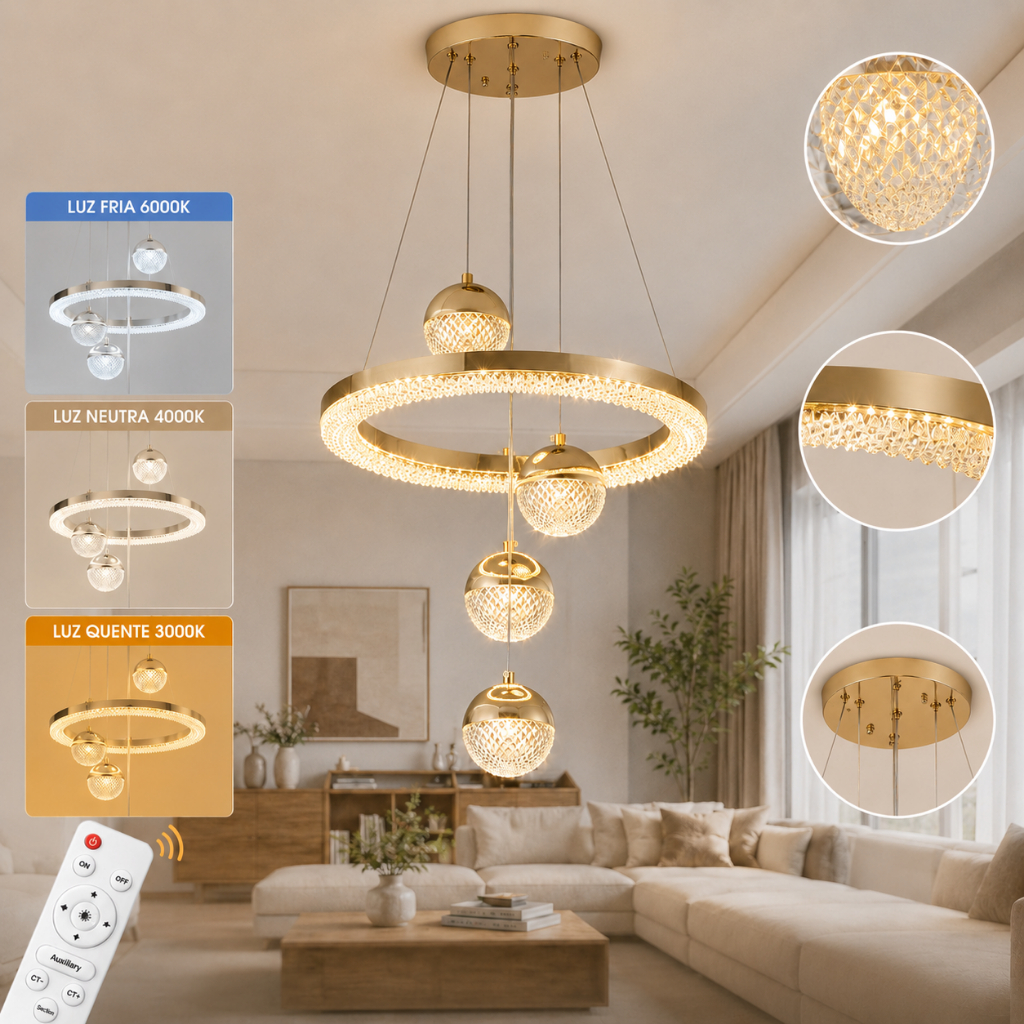 GOGEOUS Lustre De Teto Cristal LED 3 Cores 110V-220V Pendente Luminária Teto Com Controle Remoto