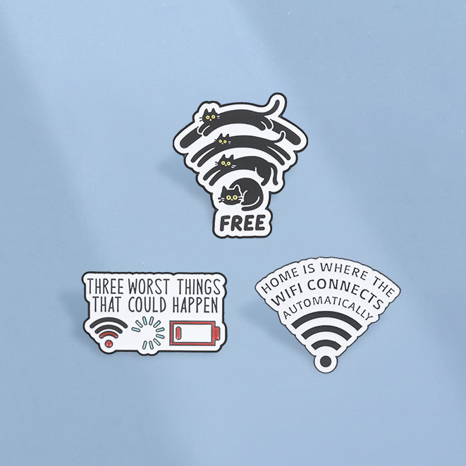 Engraçado WiFi Internet Meme Esmalte Pinos Gato Preto Livre Sinal Broche Lapela Emblemas Acessórios De Roupas Presentes