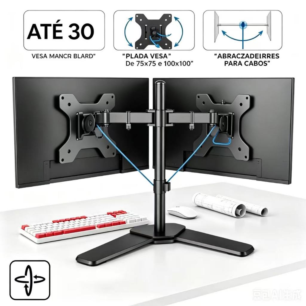 Suporte 2 Monitores Duplo Monitor Base Independente VESA Até 30" Rotação 360° Organizador de Cabos