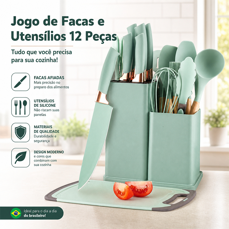 Kit Cozinha 19 Peças Silicone Antiaderente com Cabo de Madeira, Facas Inox e Suporte Organizador