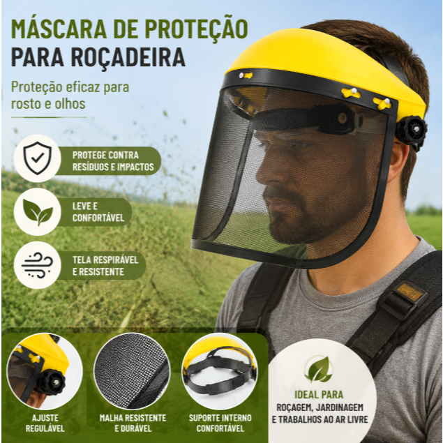 Protetor Facial Com Tela De Nylon Para Operador De Roçadeira