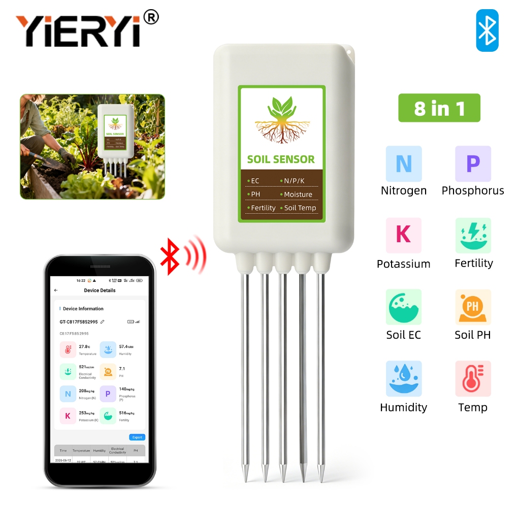 O Sensor De Solo Bluetooth YIERYI 8 Em 1 Mede NPK , pH , EC , Temperatura , Umidade E Fertilidade ; Visualização Tempo R