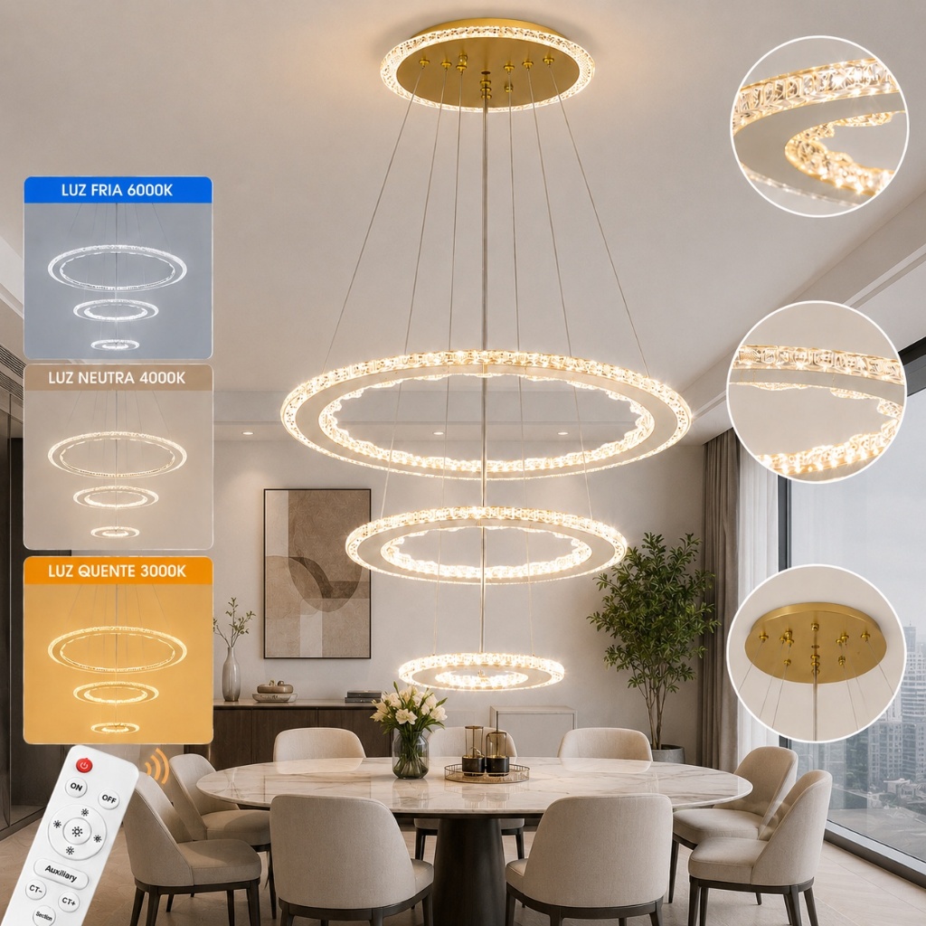 GOGEOUS Luminária teto Pendente 110V-220V Bivolt 3 Cores com Remote Lustre Cristal Para Sala de Estar e Sala de Jantar