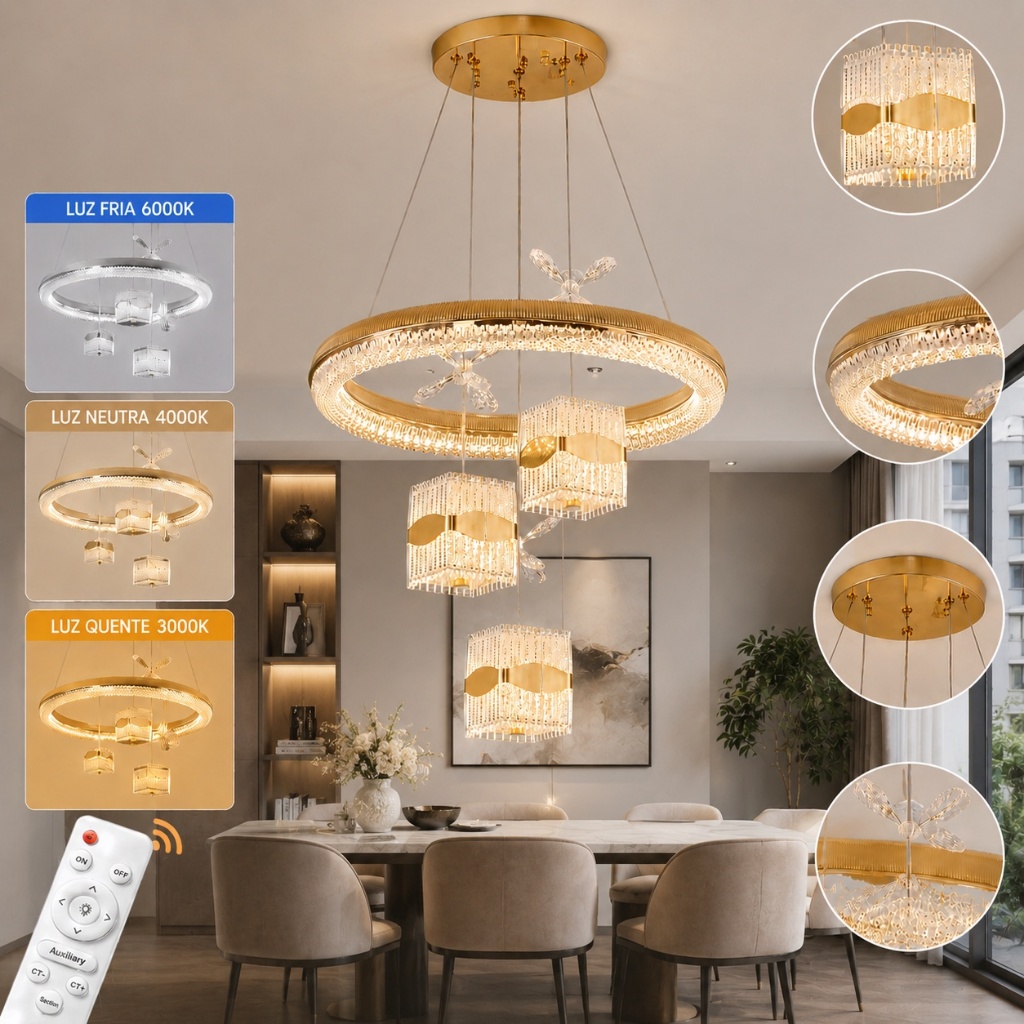 Lustre De Teto Cristal LED 3 Cores 110V-220V Pendente Luminária Teto Com Controle Remoto