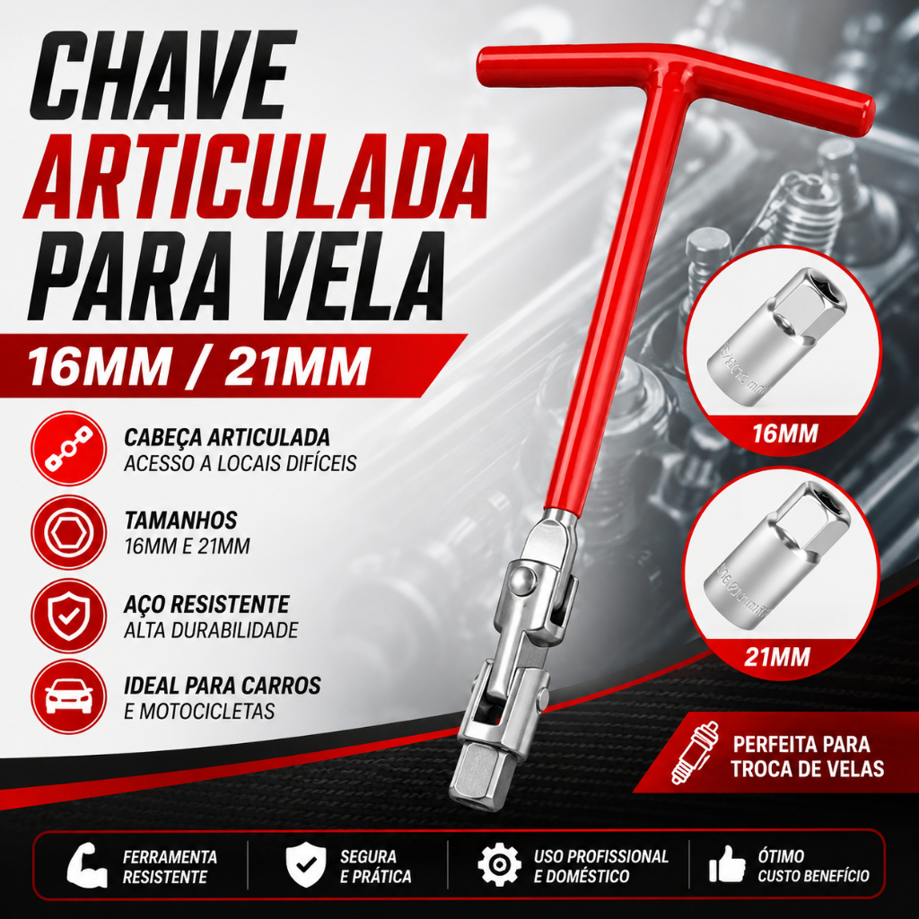 Chave De Vela Articulada 16mm/21mm Automotiva Veicular Multiuso