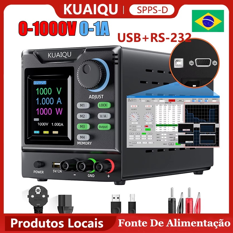 Fonte de Alimentação de Alta Potência KUAIQU 1000V, 800V, 400V Ajustável Programável com Memória RS-232, Software USB