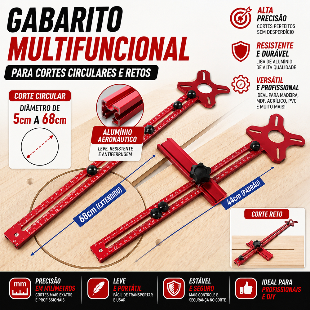 Ferramenta Auxiliar Multifuncional  Gabarito Para Corte De Círculos Retos Com Tupia Marcenaria