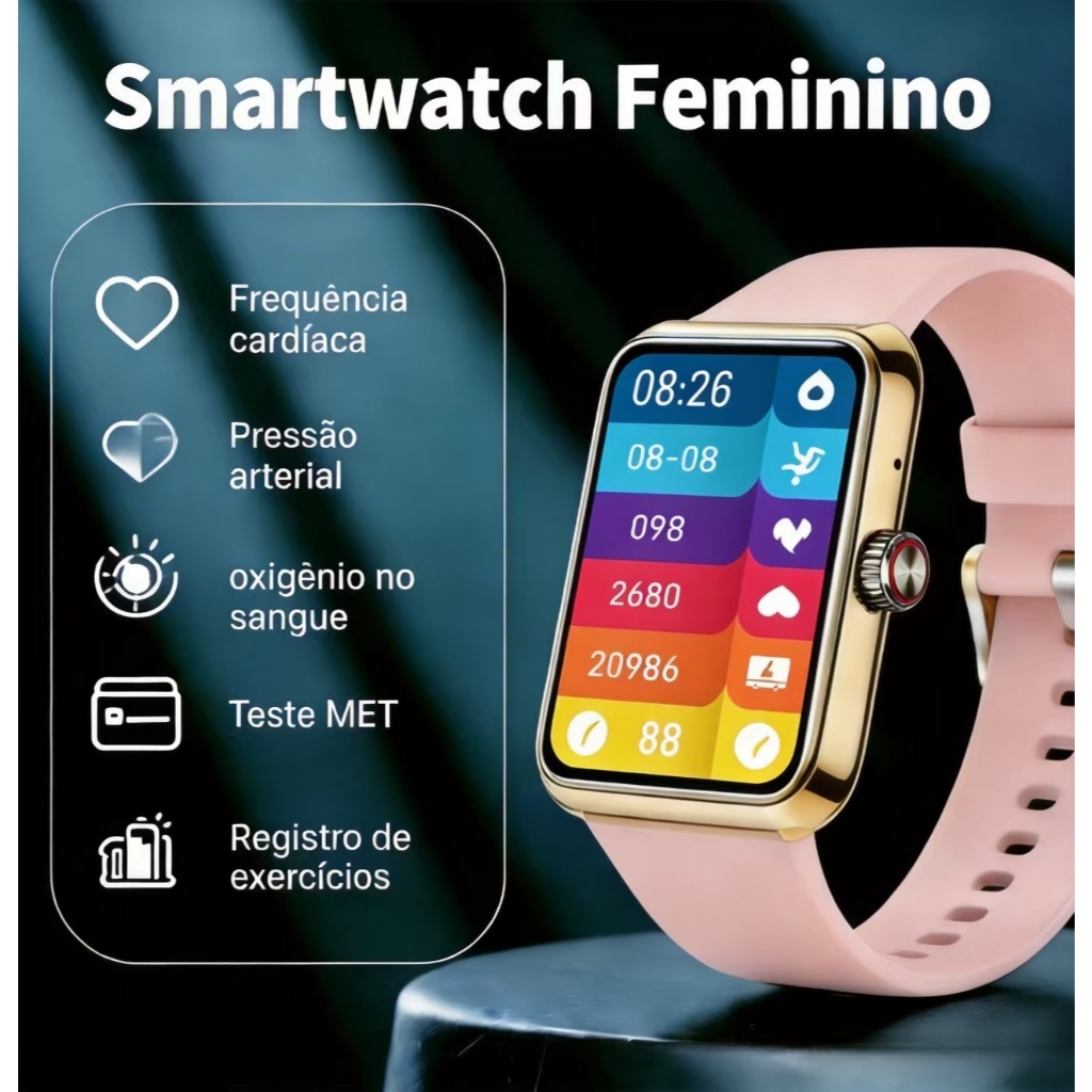 Smartwatch Feminino H10 Monitor Glicose  Ciclo Menstrual SpO2 Chamadas Bluetooth Bateria Longa IP67