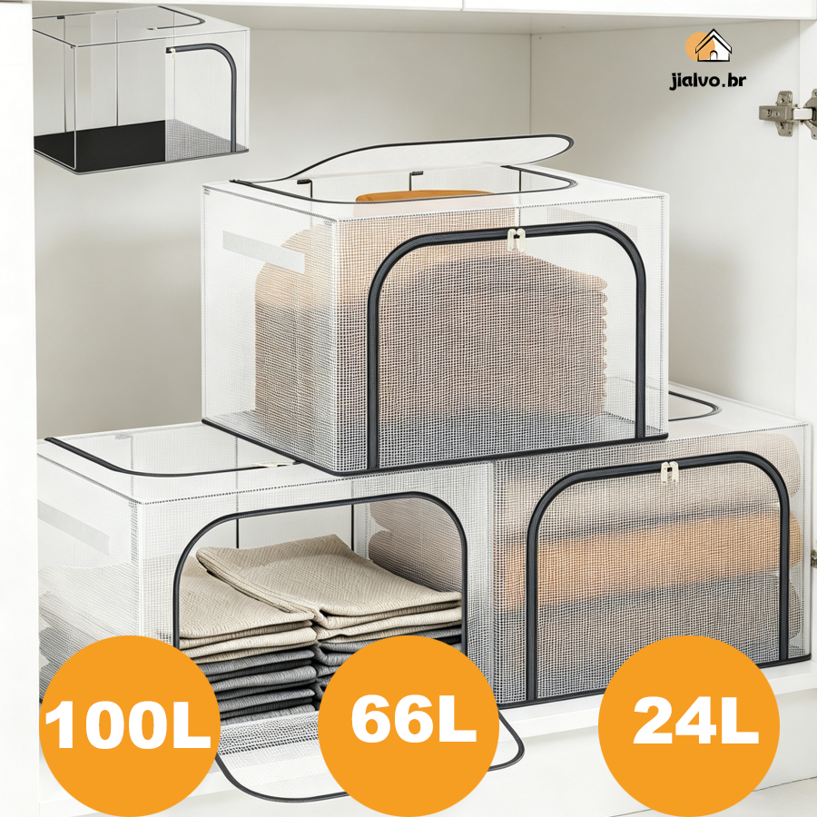 24L/66L/100L Caixa Organizadora Roupas Brinquedos Lençol Edredom Guarda Roupa Dobrável Visor Transparent
