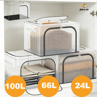 24L/66L/100L Caixa Organizadora Roupas Brinquedos Lençol Edredom Guarda Roupa Dobrável Visor Transparent