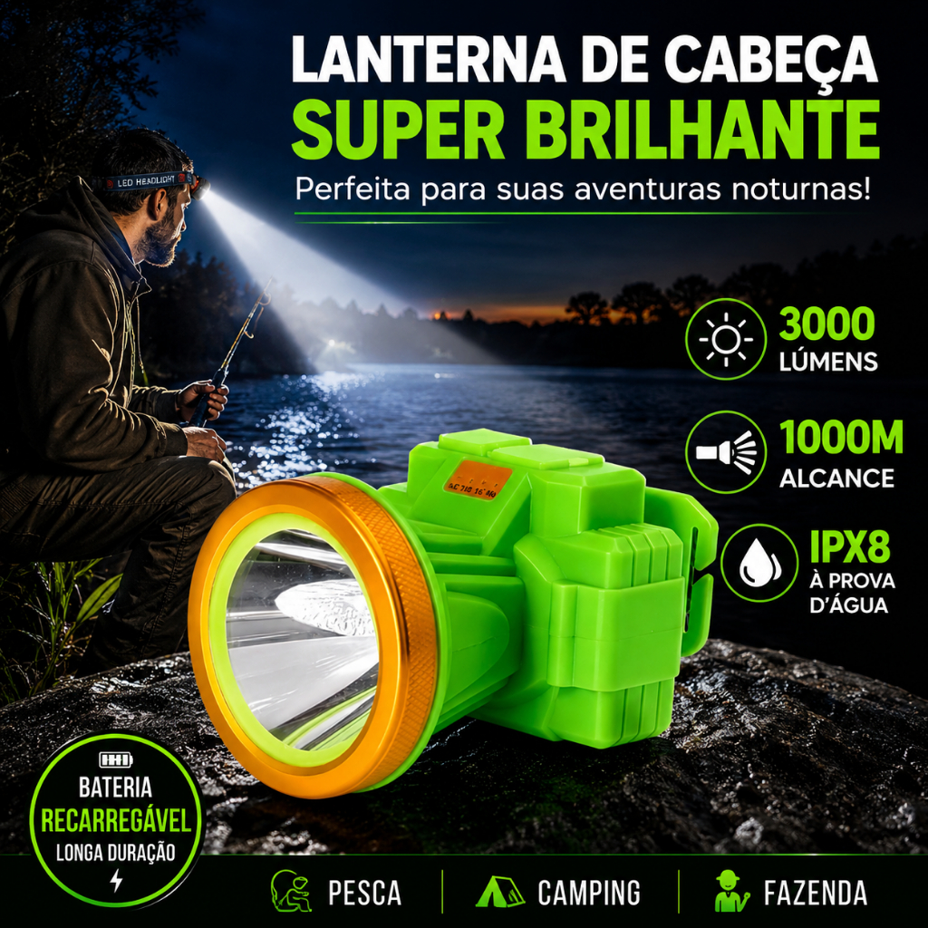 JX-05 Lanterna de Cabeça LED Recarregável à Prova d'Água Alta Luminosidade para Pesca e Camping