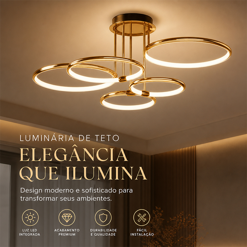 Luminária de Teto LED 5 Anéis, Bivolt, Acabamento Premium, Design Moderno para Sala de Estar e Ambientes Amplos