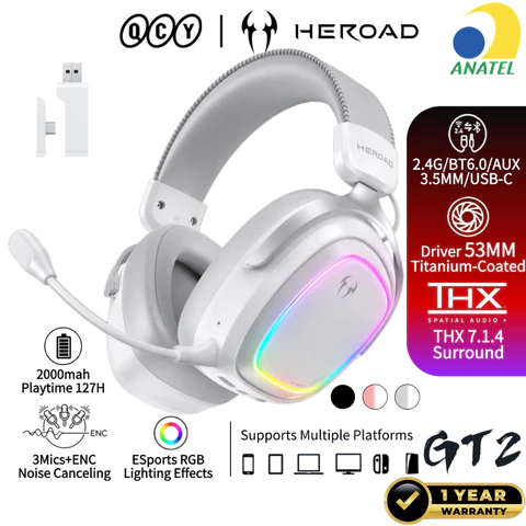 QCY Headset Gamer Sem Fio HEROAD GT2 RGB Bluetooth 6.0 2.4GHz THX 7.1 ENC Mic 127H Bateria PC PS5 Switch
