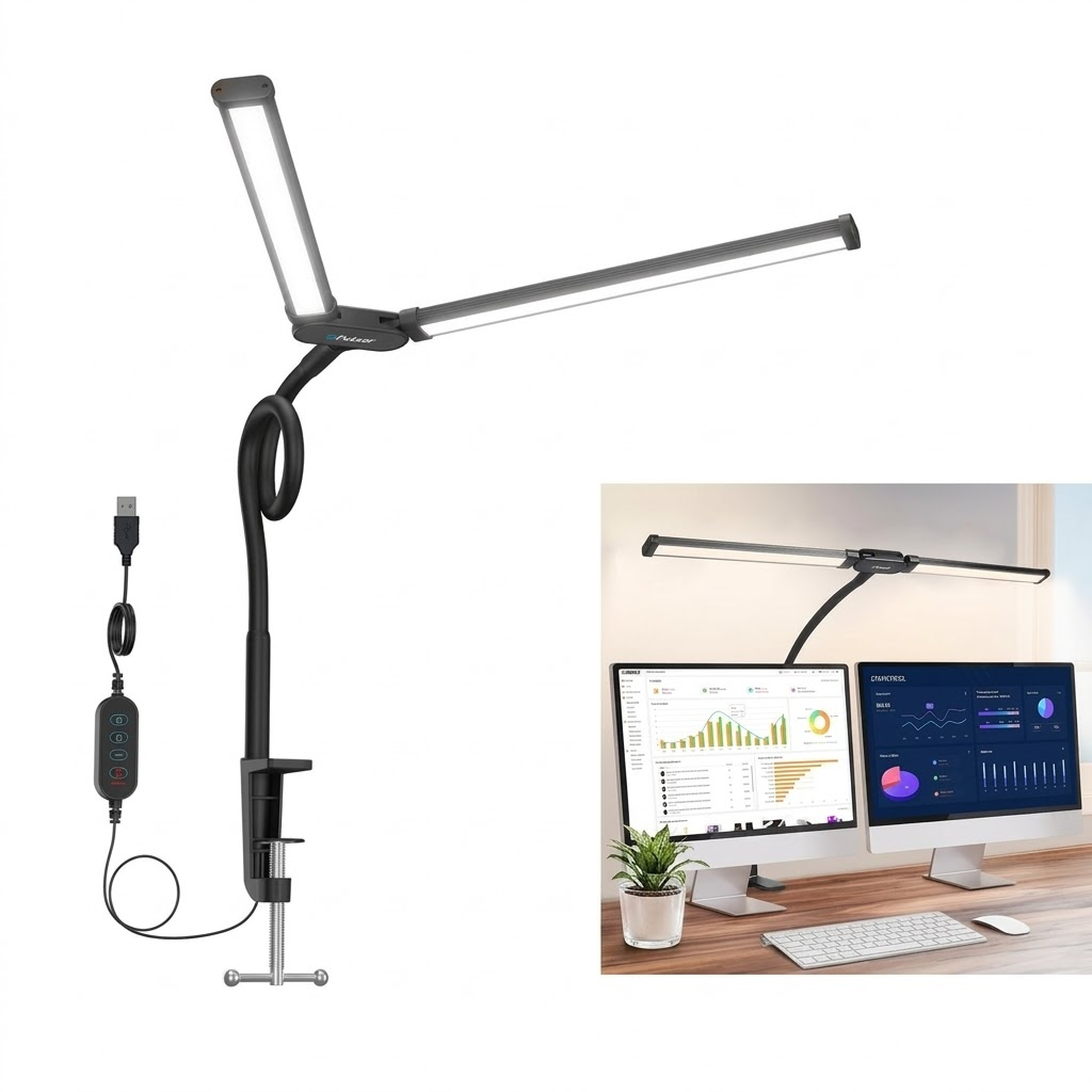 Luminária De Mesa Led Dupla Haste Flexível Com Usb E Grampo Regulável Monitor Manicure Escritório