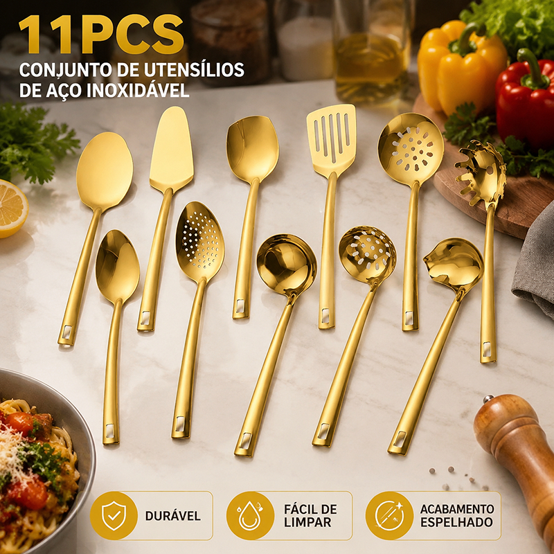 Kit 11 Peças Utensílios de Cozinha em Aço Inoxidável Dourado - conjunto de utensílios de cozinha
