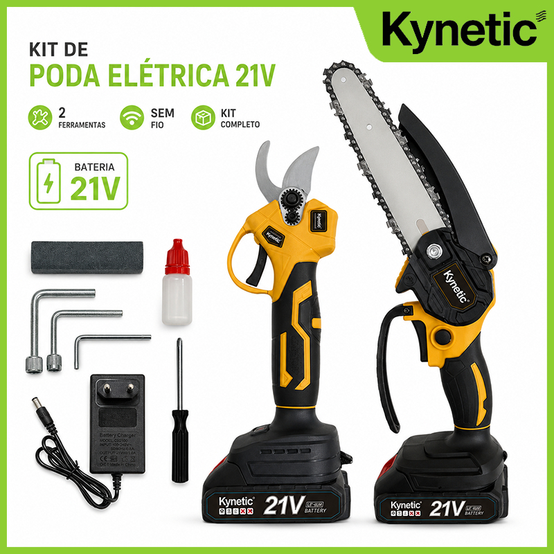 Kynetic Kit Motosserra Elétrica 6" + Tesoura de Poda Sem Fio 21V – Completo com Bateria
