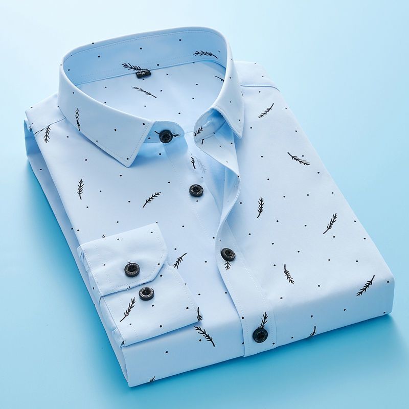 Novas Camisas Masculinas De Manga Comprida Impressas Verão Branco Negócios Algodão Floral Casuais