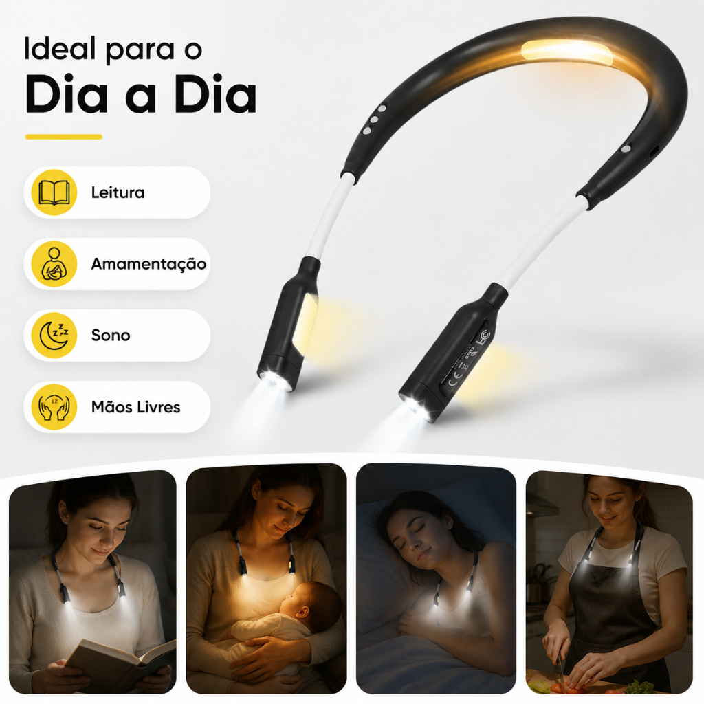Uniwity Luz de Leitura LED de Pescoço Recarregável USB-C 3 Cores 3 Brilhos COB para Leitura Amamentação Costura