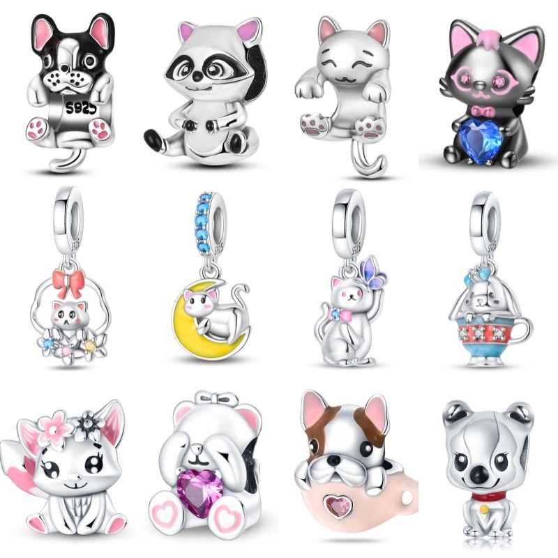 Novo 925 prata esterlina frisado adequado para pulseira Original bonito Animal urso gatinho filhote de cachorro DIY jóia
