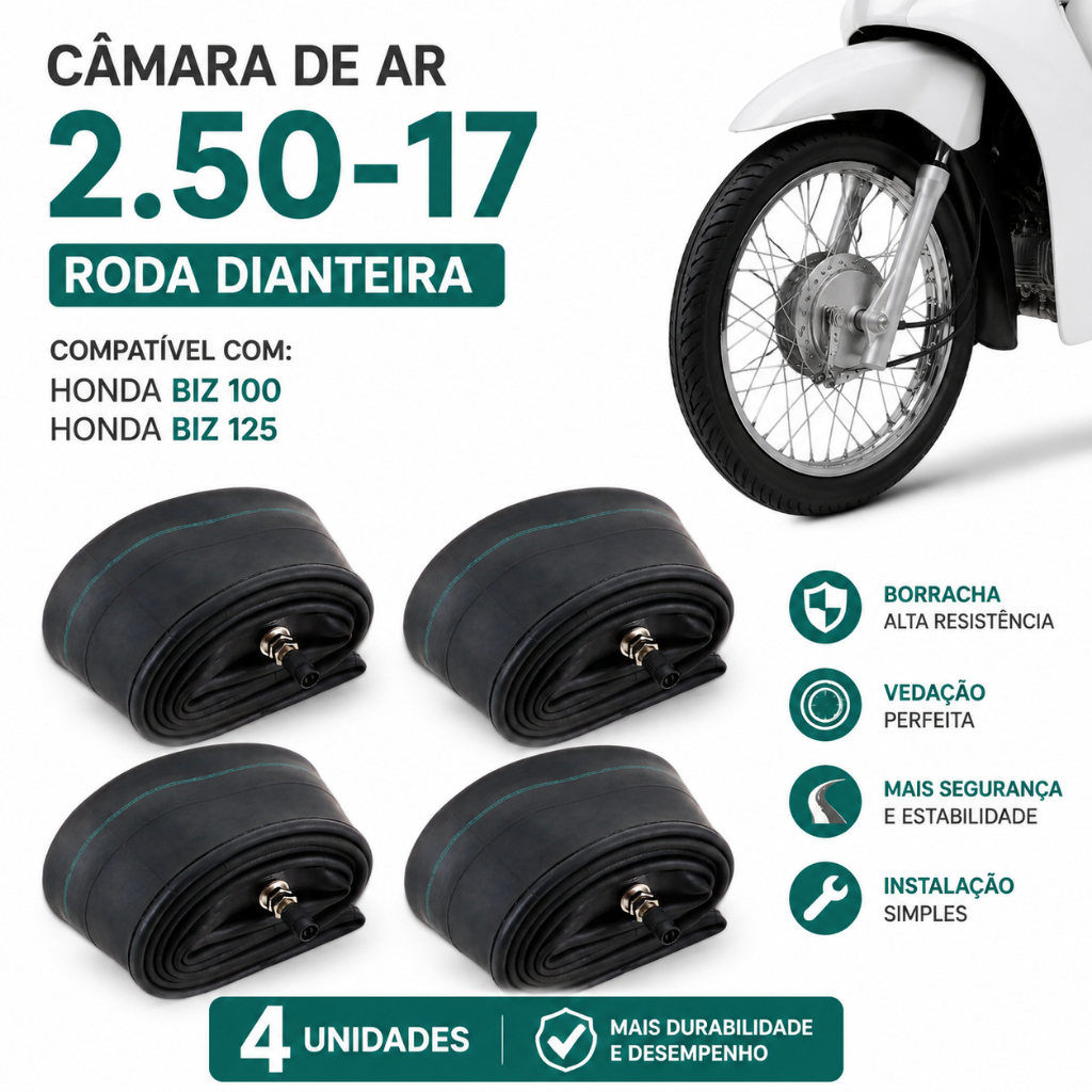 kit 4 Câmara de Ar 2.50-17 Roda Dianteira Compatível Honda Biz 100 Biz 125 Borracha Resistente
