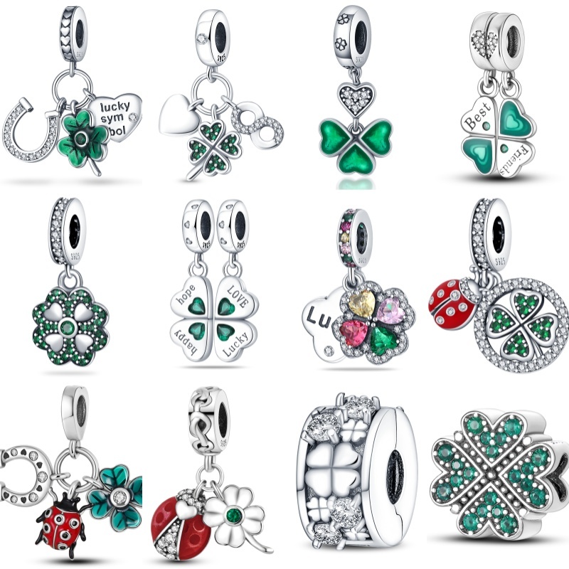 berloque S925 prata sorte trevo de quatro folhas grânulo charme adequado para Original 3mm pulseira diy feminino jóias