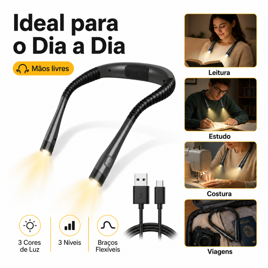 Uniwity Luz de Leitura LED de Pescoço Recarregável USB-C 3 Cores 3 Brilhos Flexível para Leitura Costura Estudo