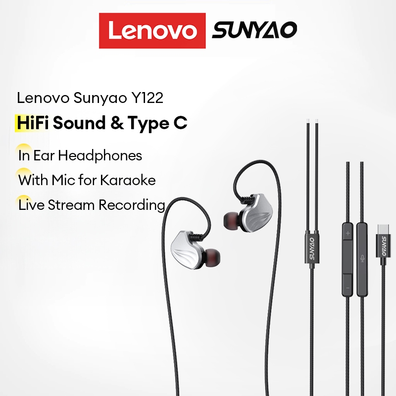 Lenovo SUNYAO Y122 Fones De Ouvido Com Fio HIFI Type C Intra-Auriculares Microfo