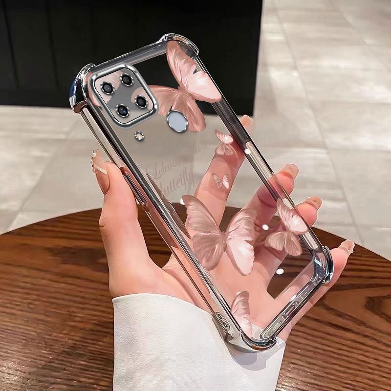 realme C11 C12 C15 C17 C21 C21Y 9 8 9i 5G Capa De Telefone À Prova De Choque Rosa Borboleta Almofada De Ar