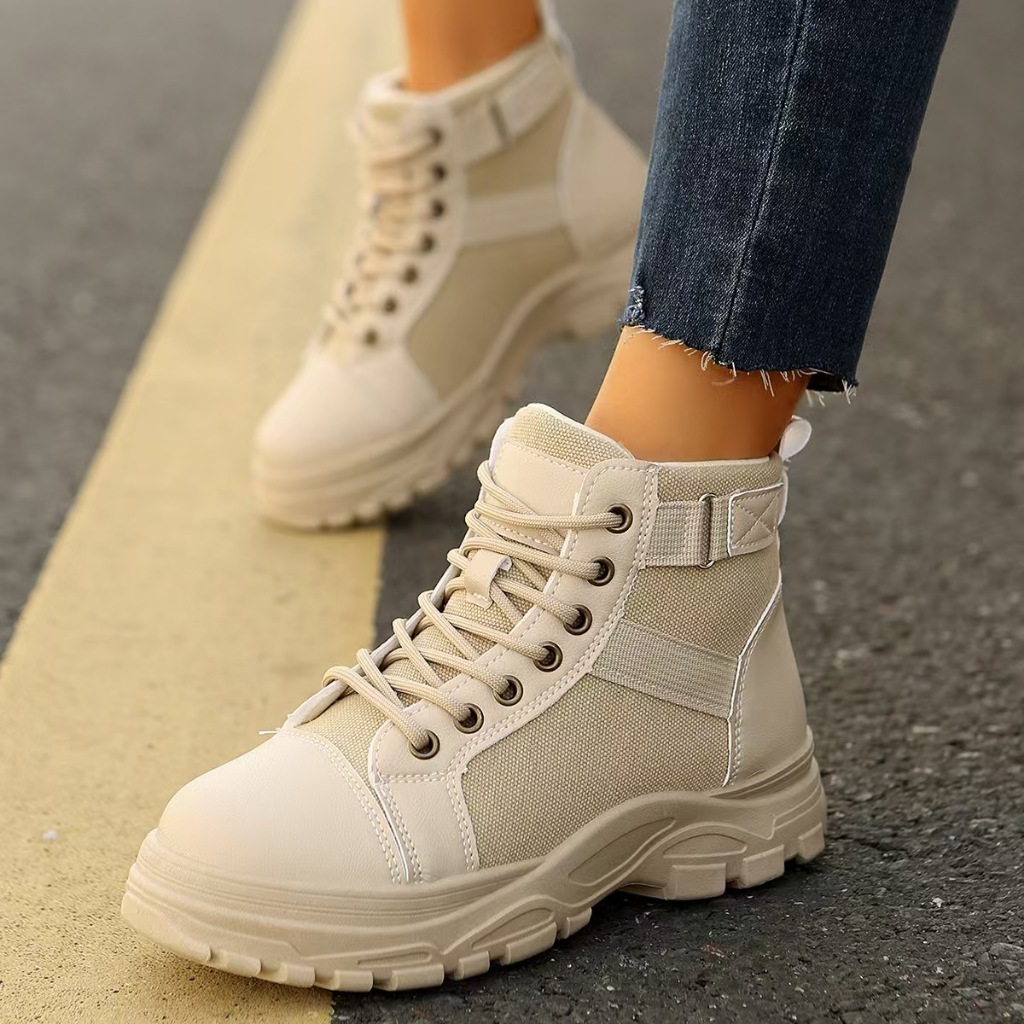 Botas Femininas De Couro De Lona Emendadas De Combate Com Cadarço Alça Ajustável Plataforma Robusta Antiderrapante Traba