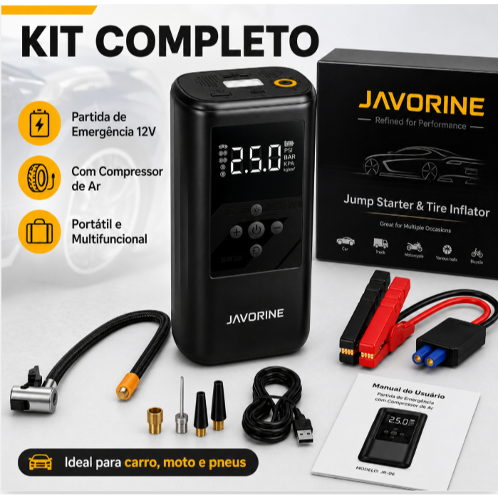 Bateria Auxiliar de Partida 12V com Compressor de Ar Inflador Pneu PowerBank 29800mAh 3500Pa LED Emergência 6 Funções