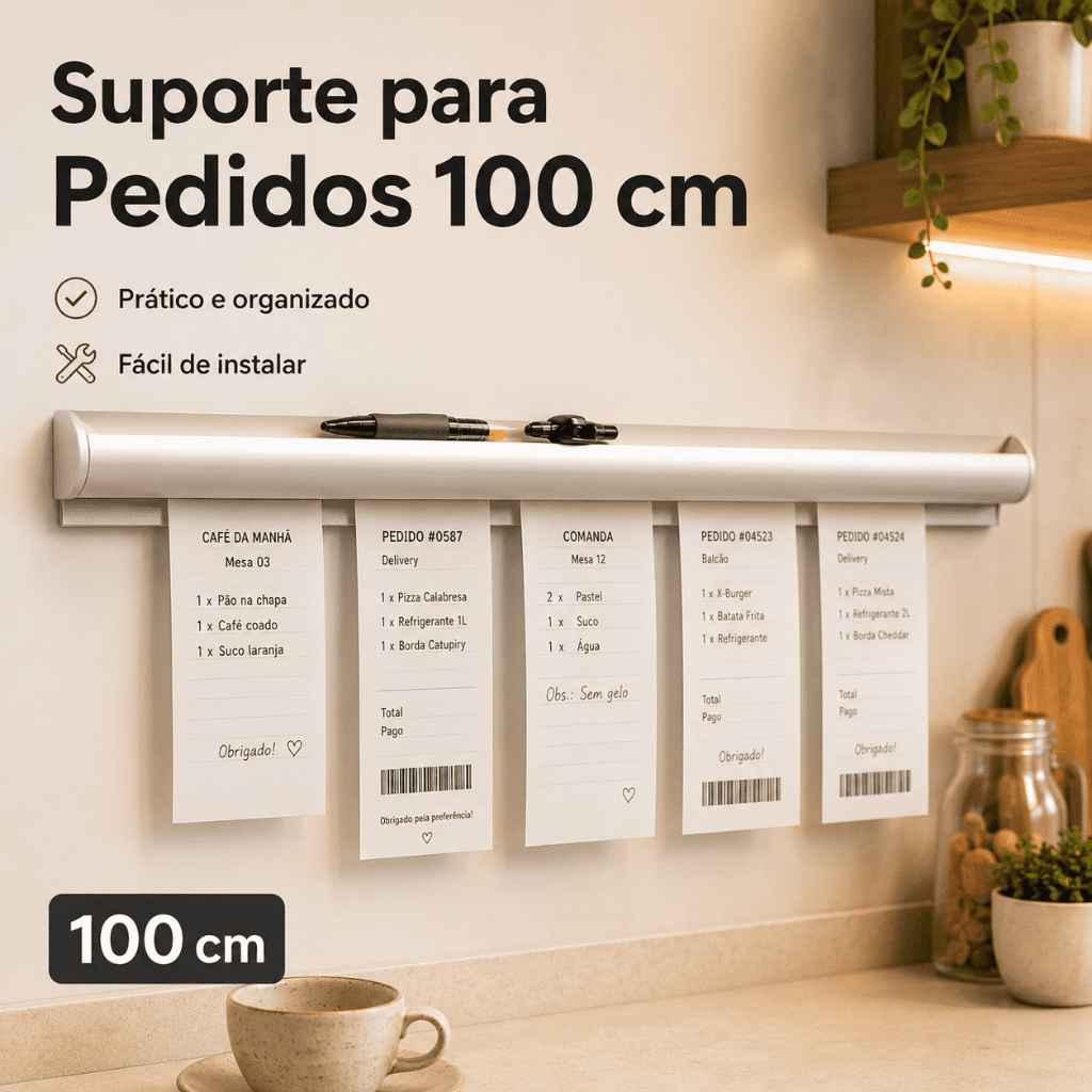 Porta Comanda 100cm em Liga de Alumínio Comandeira Varal Para Restaurante, Pizzaria Bar Cozinha Organizar Pedidos