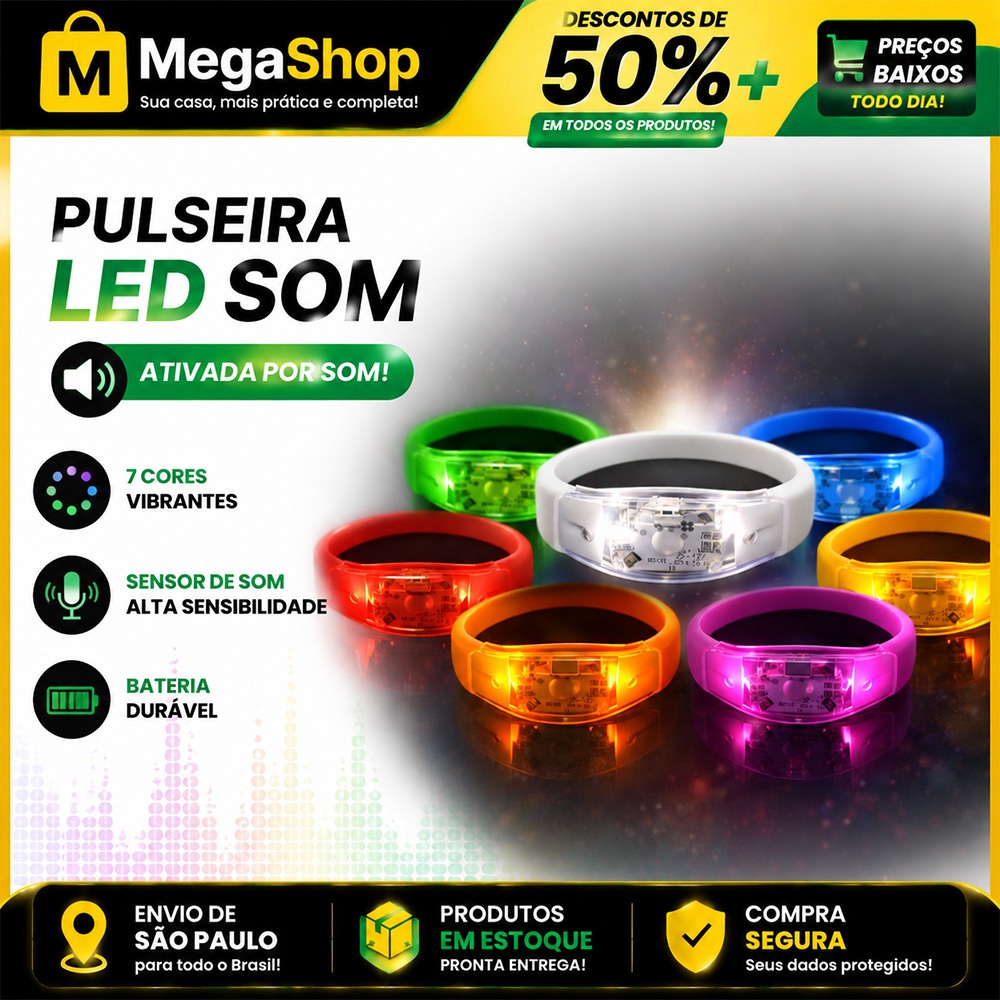 10Pcs Pulseira LED de Festa com Sensor de Som Kit Luz Musical Carnaval Balada Evento Colorido