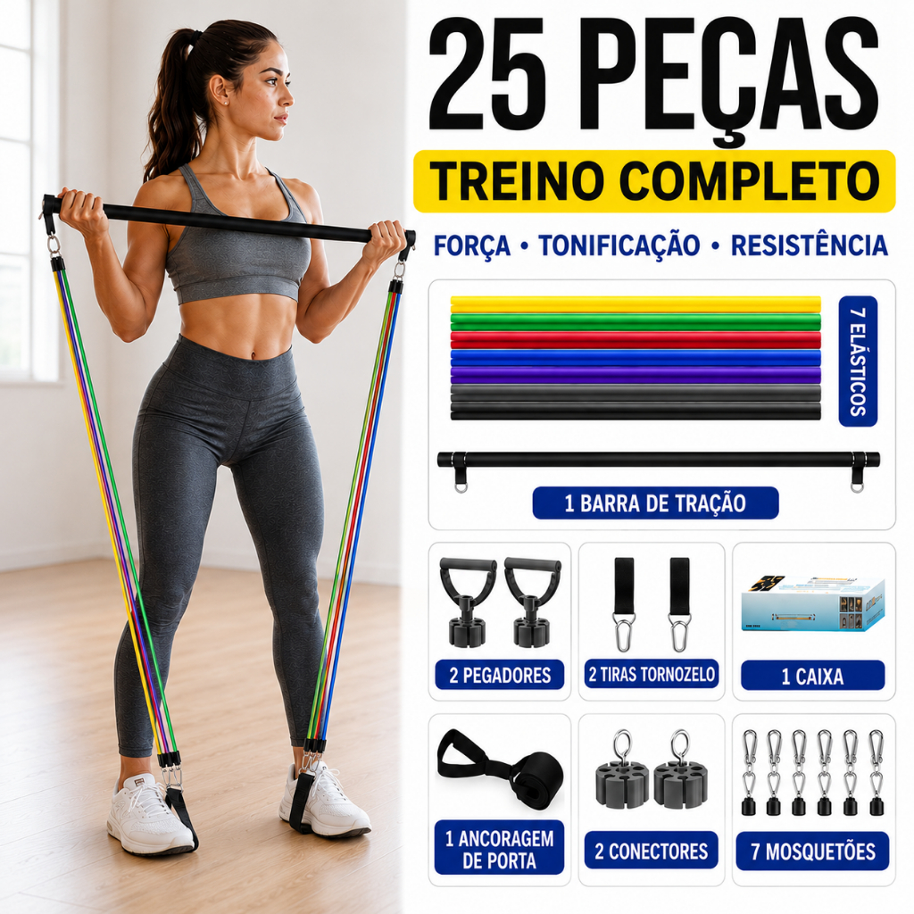 Kit 25 Itens Treino em Casa: Elásticos Extensor + Barra Pilates + Faixas Mini Band+Acessórios Completos para Musculação