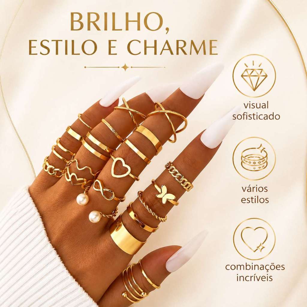 Kit 22 Anéis Femininos Dourados Falange Boho Vintage Pérola Borboleta Coração moda feminina