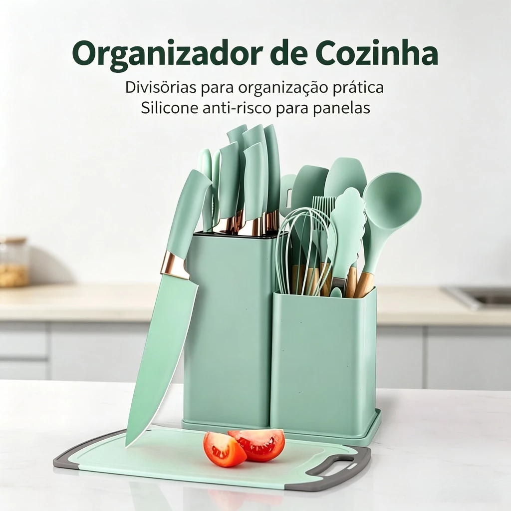 Kit Cozinha 19 Peças Suporte Organizador Silicone Antiaderente Cabo Madeira Facas Inox