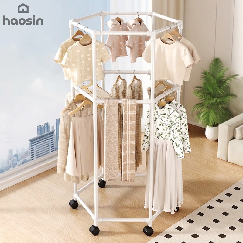 haosin Cabideiro Hexagonal Móvel Com Rodízios, Multifuncional Para Armazenamento De Roupas E Que Economiza Espaço.