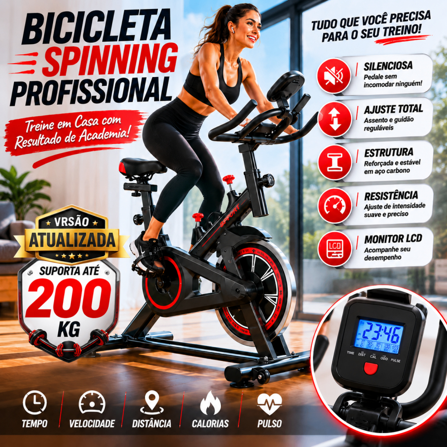 Bicicleta Spinning Ergométrica Profissional Versão Atualizada Com Monitor Suporta até 200kg