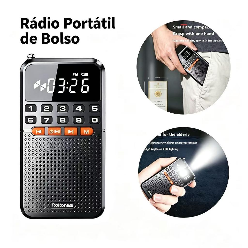 Portátil FM Mini Rádio Antena Dupla Receptor Bluetooth 5.0 HIFI Player TF Card com Lanterna para Casa e Idosos Relaxar