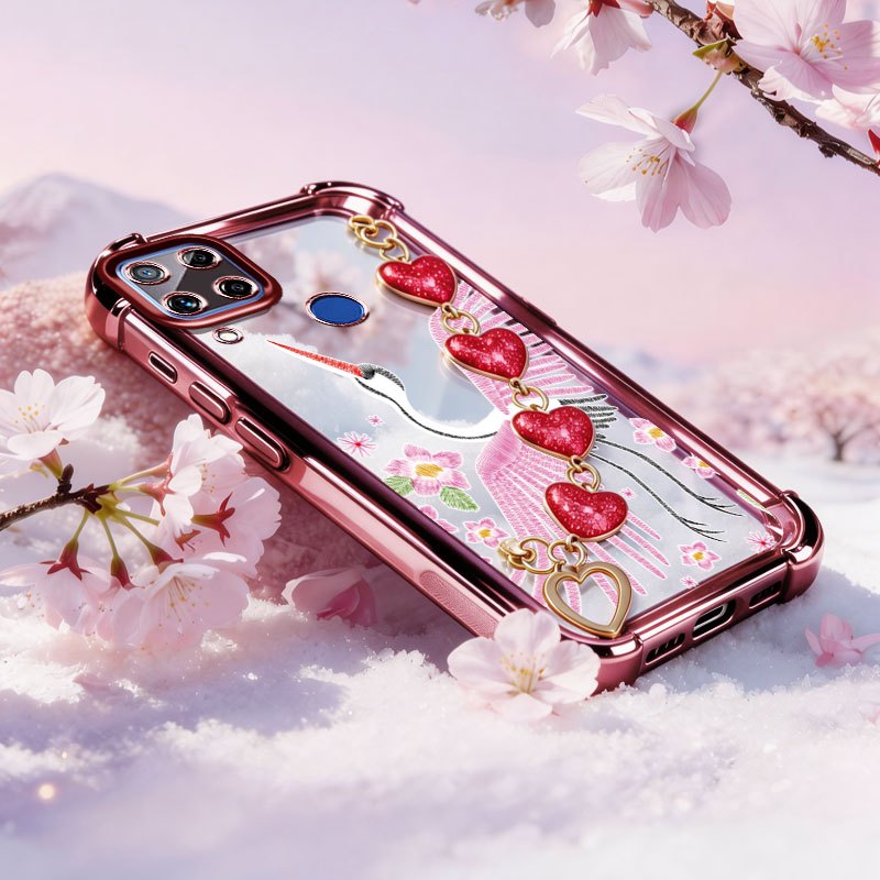 Capa VRQR Para Oppo Realme C12 C15 C25S C25 Narzo 20 30A 50A Guindaste Branco Rosa Caso De Telefone Com Pulseira De Amor