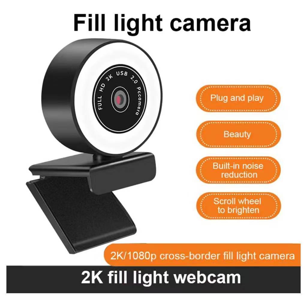 Webcam USB 1080P FHD Com Luz Anelar , Foco Fixo , 360 ° Rotação Para Streaming , Videochamada