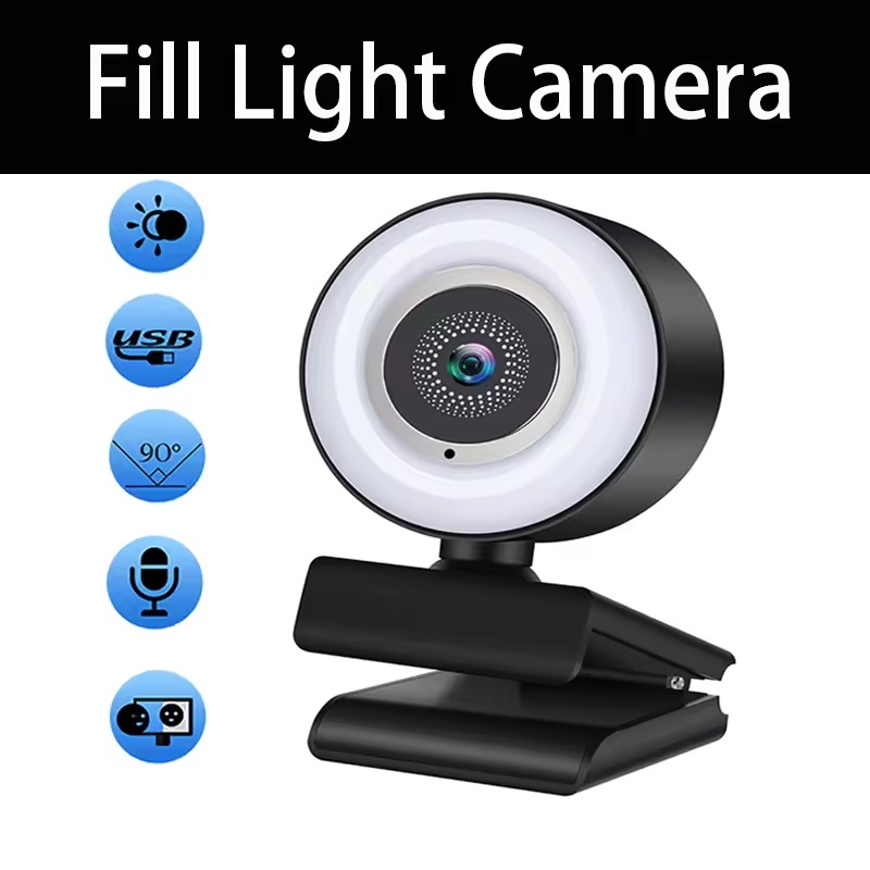 Webcam 1080P Mini Câmera Full HD Com Microfone De Luz De Preenchimento De Anel USB Transmissão Ao Vivo