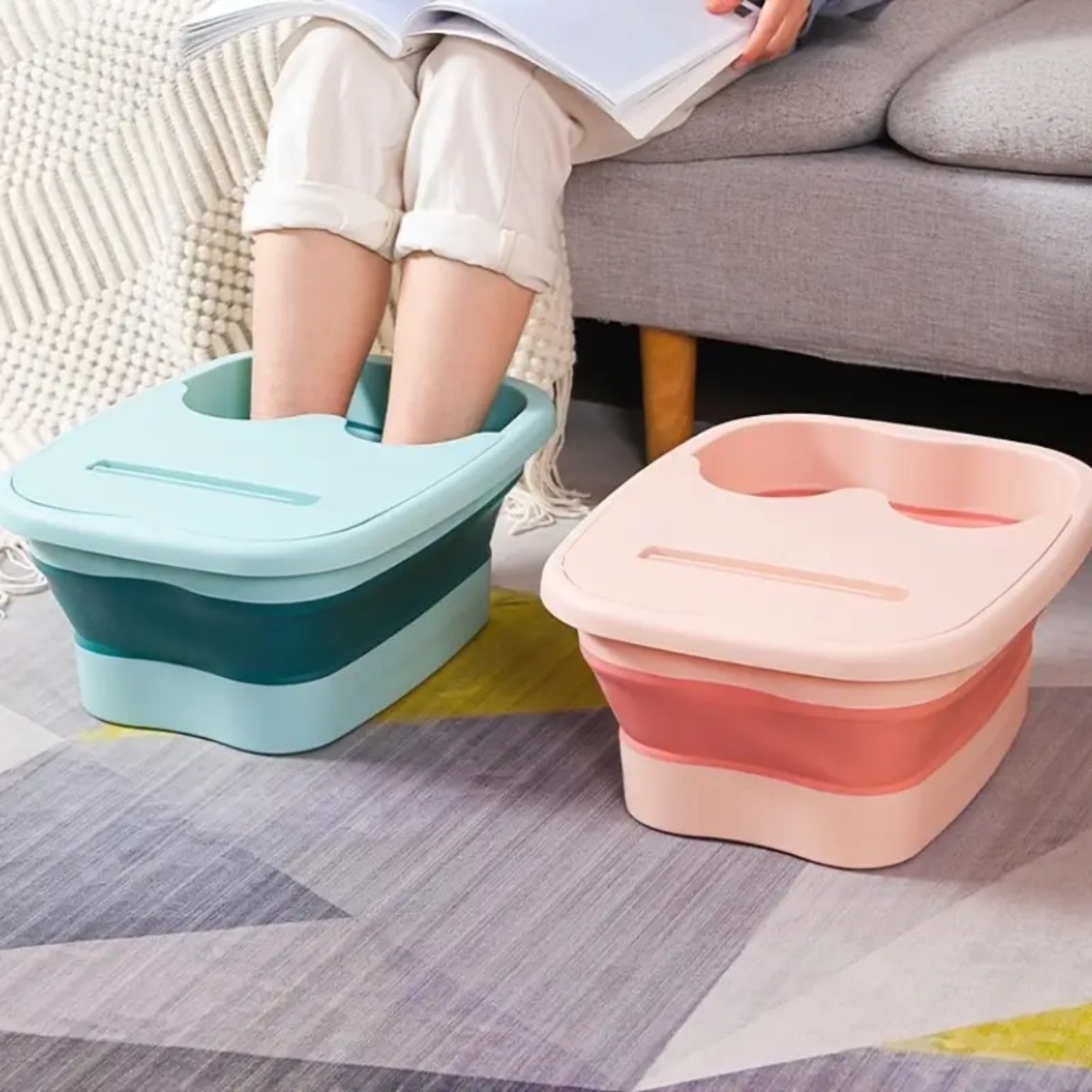 Banheira de Imersão para Pés Dobrável | Silicone Resistente com Tampa e Design Portátil