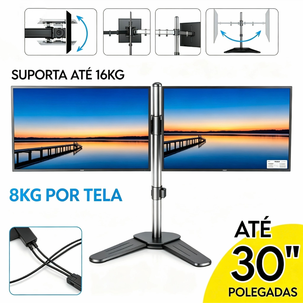 Suporte Duplo Monitor Mesa Ajustável Rotação 360° Base Reforçada Até 30"