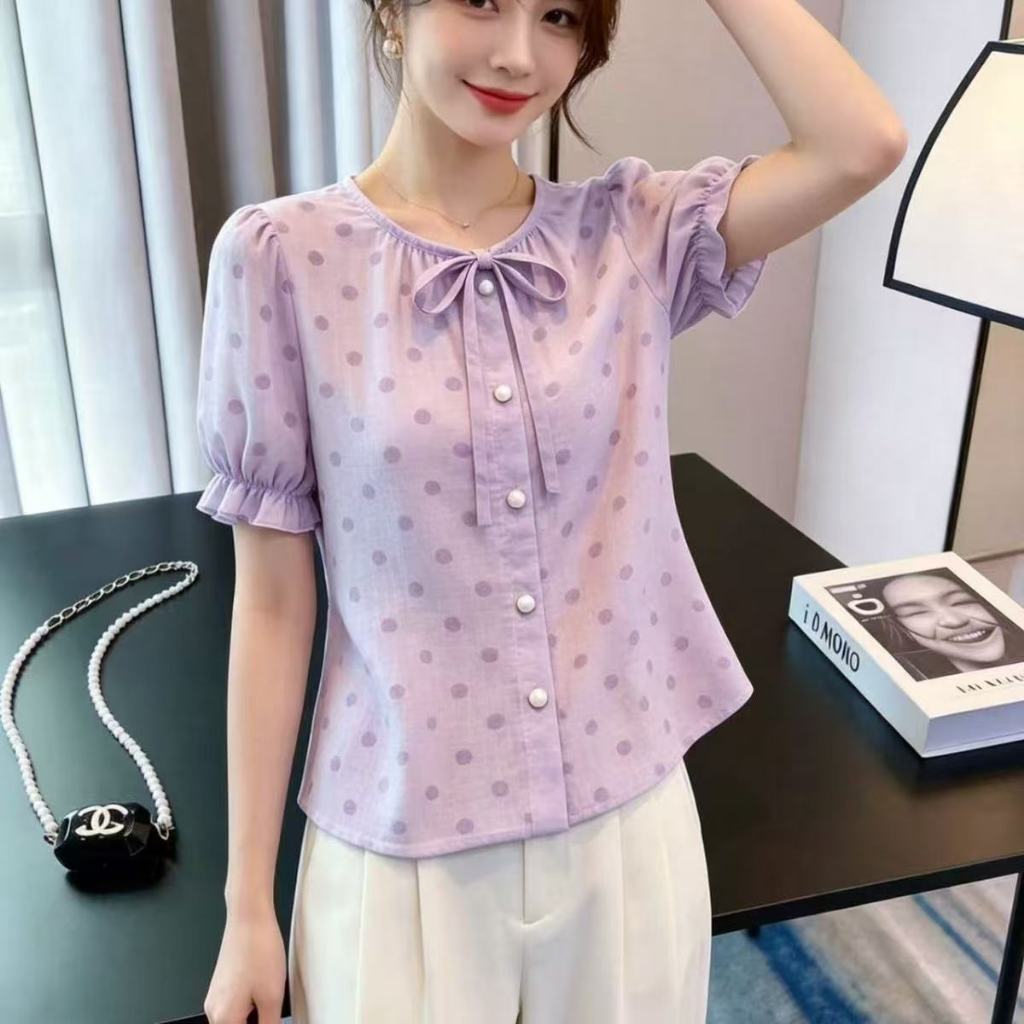 Camisa Roxa De Manga Curta De Tamanho Grande , Nova Blusa Feminina Com Cadarço E Gravata Borboleta Da Moda