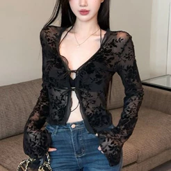 Camisa De Renda Feminina Preta sexy Gancho Flor Manga Larga Camiseta Com Decote Em V Rendas Até top Semitransparente