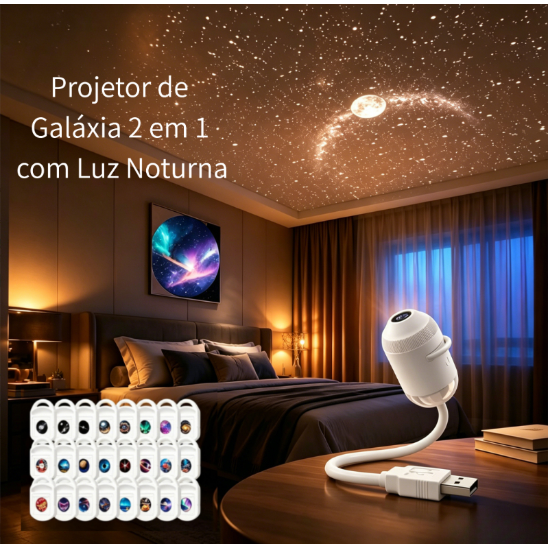 Projetor de Galáxia 2 em 1 com Luz Noturna, Projetor de Galáxia USB para Quarto, Controle por Toque e Mudança de Cor
