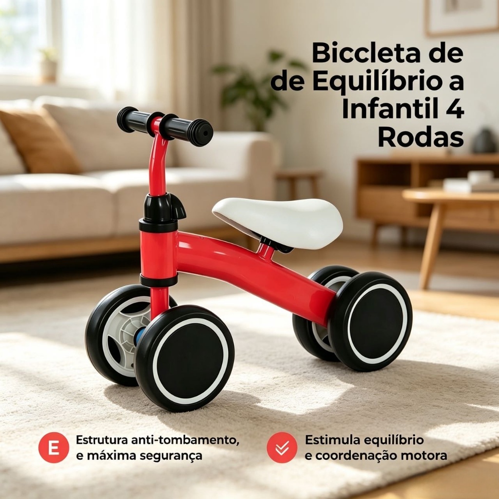 Bicicleta Equilíbrio Infantil 4 Rodas Anti-Tombamento Brinquedo Treino Coordenação para Bebês