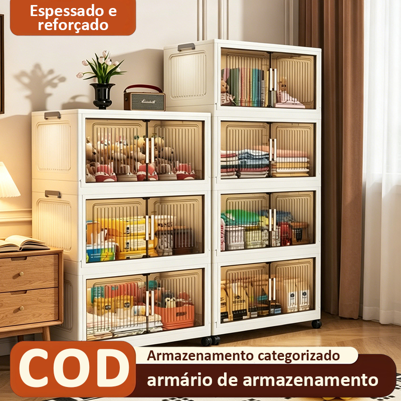 Organizador Dobrável com Porta Transparente | Magnético Antipoeira Com Rodinhas Empilhável