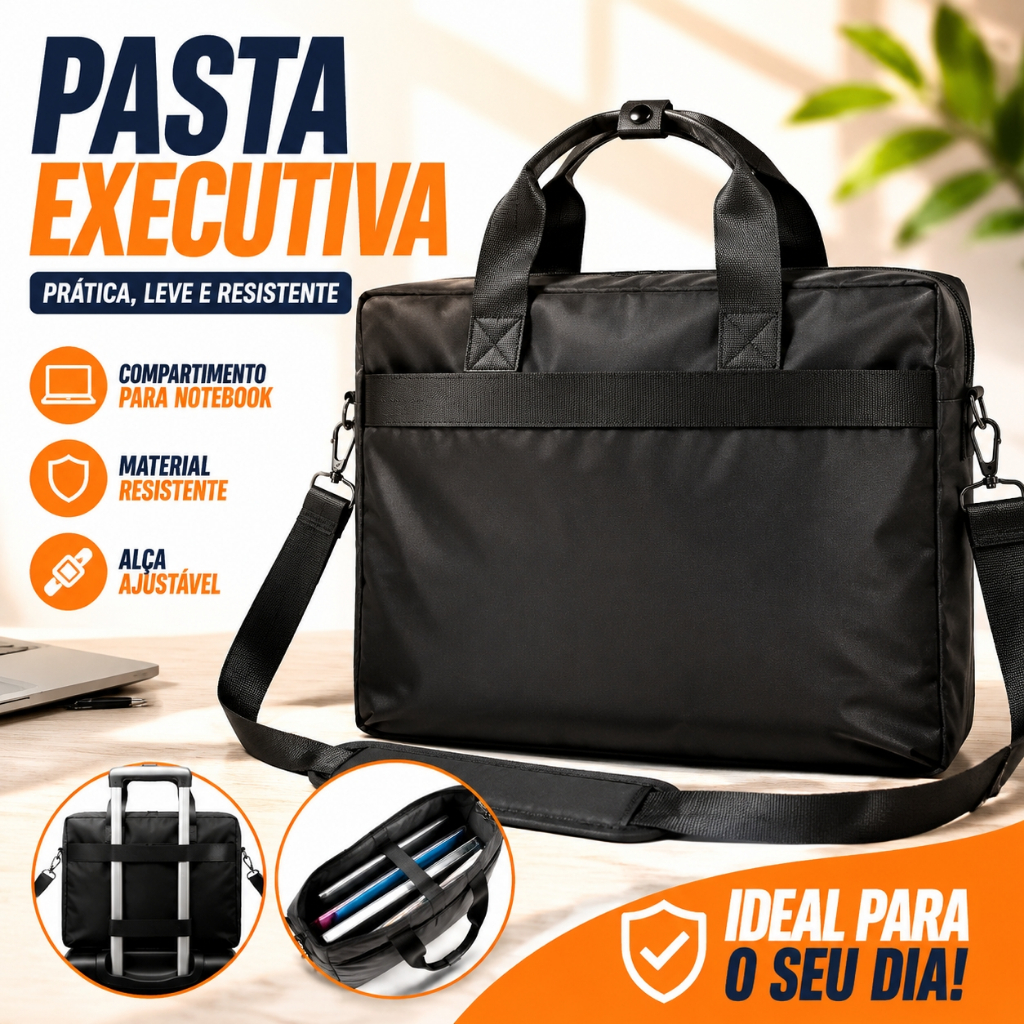 Bolsa para Notebook Feminina Executiva Pasta de Trabalho Transversal Preta para Viagem
