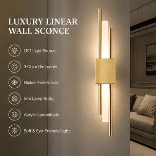 Arandela LED Linear Duas Barras 3 Cores Reguláveis Corpo de Ferro Bivolt 110V-220V Ideal para Quarto e Sala